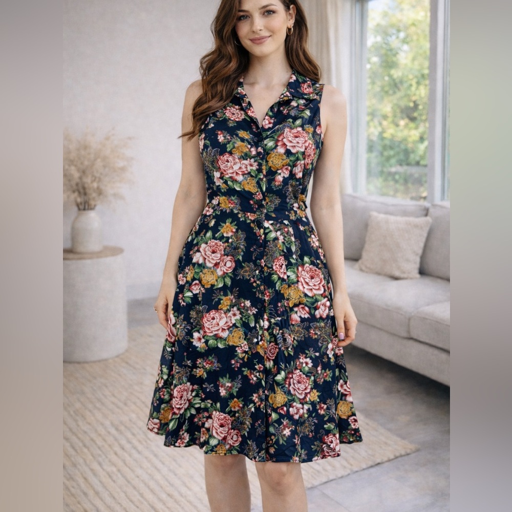Princess Highway Cotton Floral Rose Print Poplin A-Line Sleeveless Shirt Dress